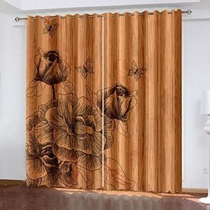 Generic Blackout Curtains For Kids Bedroom Brown Painting Flowers 140(W) X 160(H) Cm 3D Pattern Printed Curtains Eyelet Sound Insulation Thermal Insulated Drapes For Boys Girls 2 Panels -8S5L-U5P9-8
