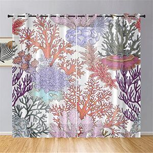 Odot Voile Sheer Curtains 2 Panels for Living Room, Underwater world Semi Sheer Curtains Light Filtering Tulle Eyelet Curtains Drapes for Bedroom Windows Decorative (seaweed,W21.6 x L37.4)
