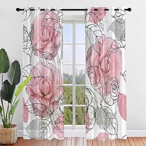 Odot Voile Sheer Curtains 2 Panels for Living Room Flowers plants Semi Sheer Curtains Light Filtering Tulle Eyelet Curtains Drapes for Bedroom Windows Decorative (Roses,W21.6 x L37.4)