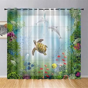Odot Voile Sheer Curtains 2 Panels for Living Room, Underwater world Semi Sheer Curtains Light Filtering Tulle Eyelet Curtains Drapes for Bedroom Windows Decorative (sea turtle,W21.6 x L37.4)