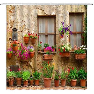 FILMILIL Farm Style Shower Curtain Garden Potted Italian Green Plants Vintage Windows 3D Printing Mediterranean Greece Scene Bathroom Decoration Polyester Fabric with Hooks (90 X 70 Inch)