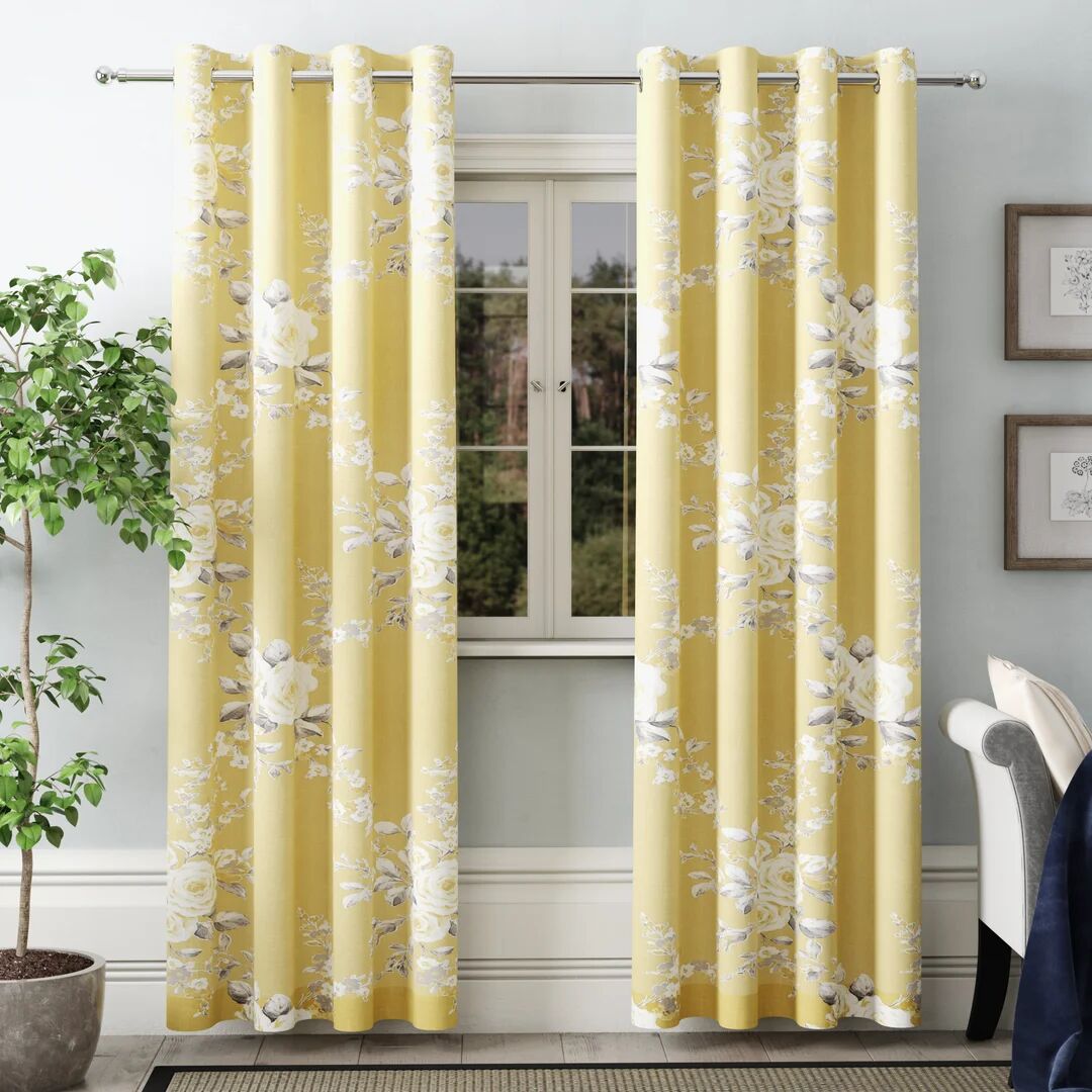 Photos - Curtains & Drapes Catherine Lansfield Canterbury Floral Lined Eyelet Curtains yellow/brown 