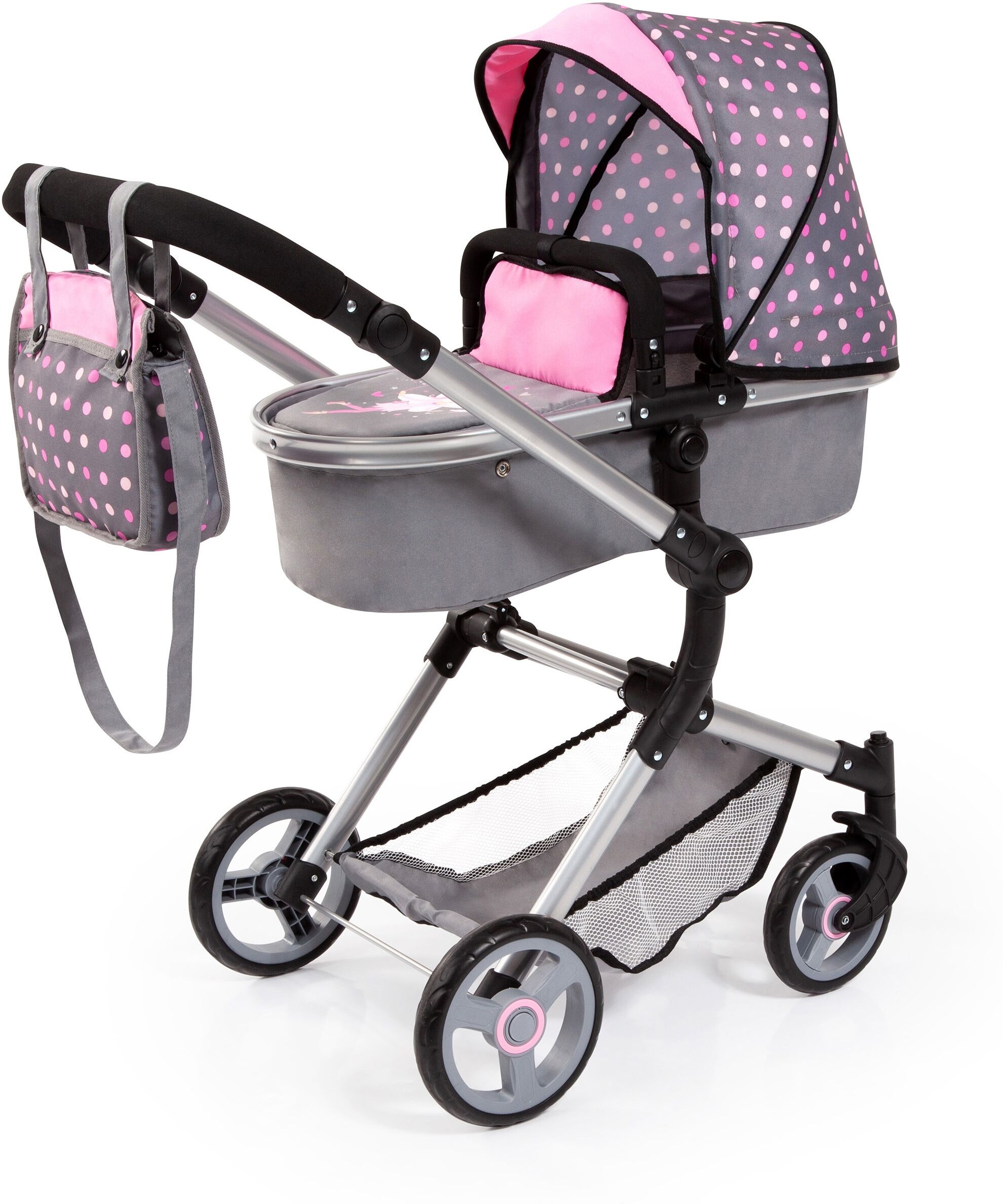 Bayer Kombi-Puppenwagen »Vario, Fee, Grau/Rosa«, inkl. Wickeltasche grau