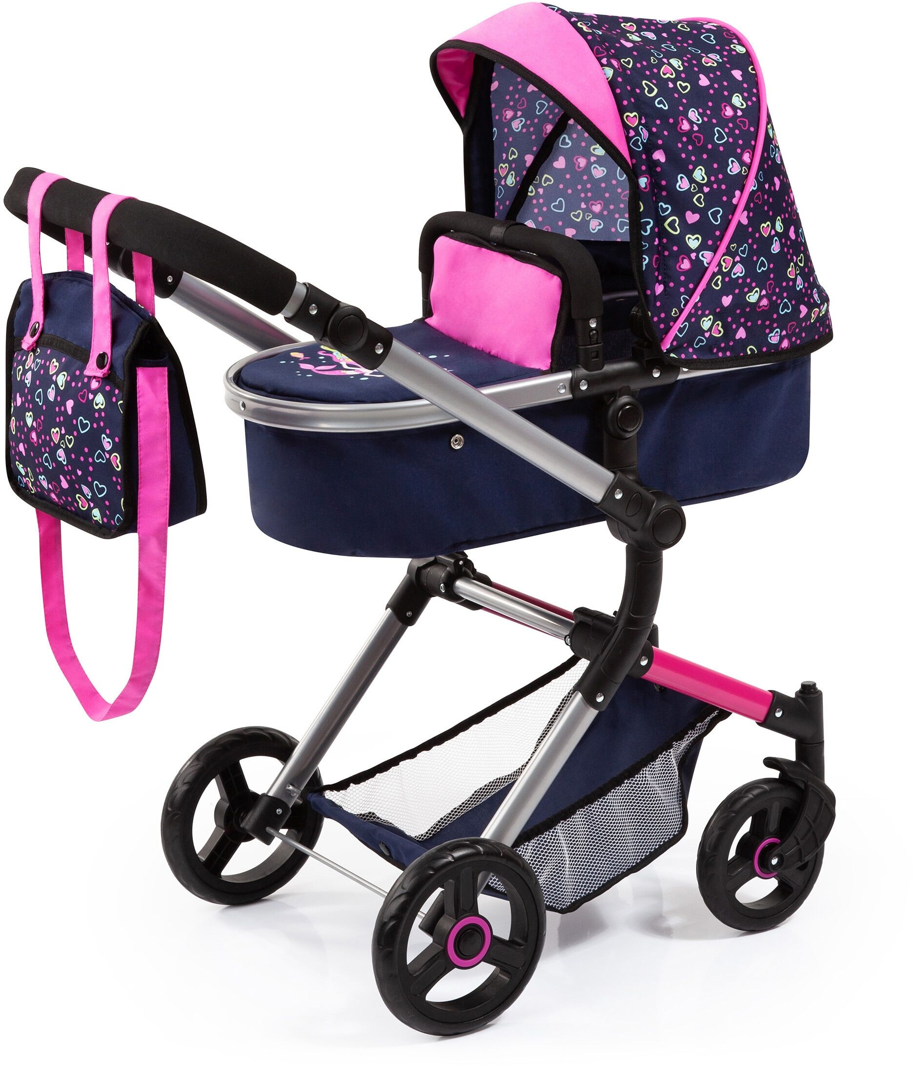 Bayer Kombi-Puppenwagen »Vario, Blau/Pink/Herzchen«, inkl. Wickeltasche blau