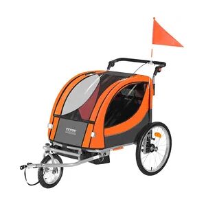 VEVOR Fahrradanhänger, Doppelsitz, 40 kg Tragkraft, 2-in-1-Verdeckträger, umbaubar in Kinderwagen, faltbarer Kinderfahrradanhänger zum Ziehen mit universeller Fahrradkupplung, Orange und Grau