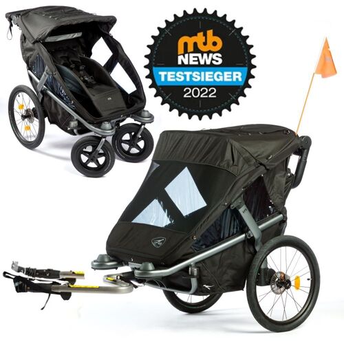 TFK Fahrradanhänger und Kinderwagen Velo 2 für 2 Kinder (bis 44 kg) + Deichsel – Schwarz