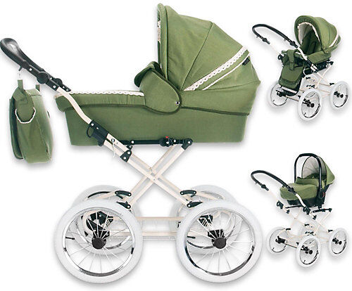 Friedrich Hugo Natureline Uni   3 in 1 Kombi Kinderwagen Komplettset   Öko Nostalgie Kinderwagen Kombikinderwagen grün