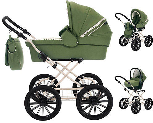 Friedrich Hugo Natureline Uni   3 in 1 Kombi Kinderwagen Komplettset   Öko Nostalgie Kinderwagen Kombikinderwagen grün