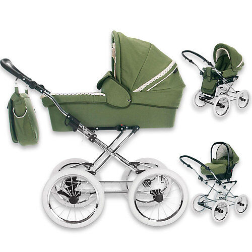 Friedrich Hugo Natureline Uni   3 in 1 Kombi Kinderwagen Komplettset   Öko Nostalgie Kinderwagen Kombikinderwagen grün