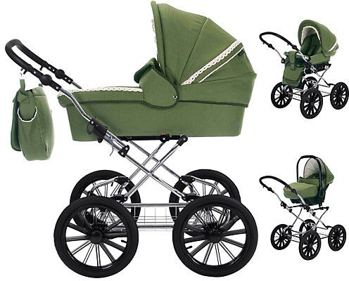 Friedrich Hugo Natureline Uni   3 in 1 Kombi Kinderwagen Komplettset   Öko Nostalgie Kinderwagen Kombikinderwagen grün