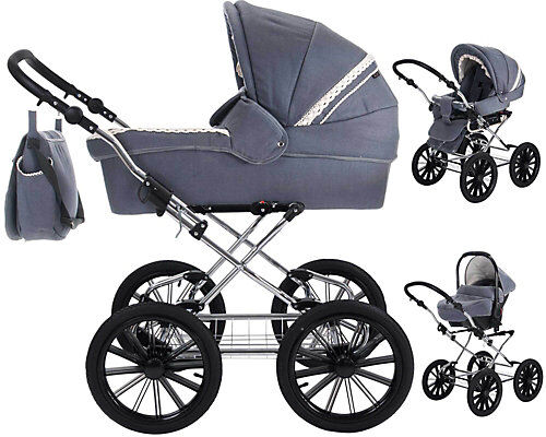 Friedrich Hugo Natureline Uni   3 in 1 Kombi Kinderwagen Komplettset   Öko Nostalgie Kinderwagen Kombikinderwagen blau