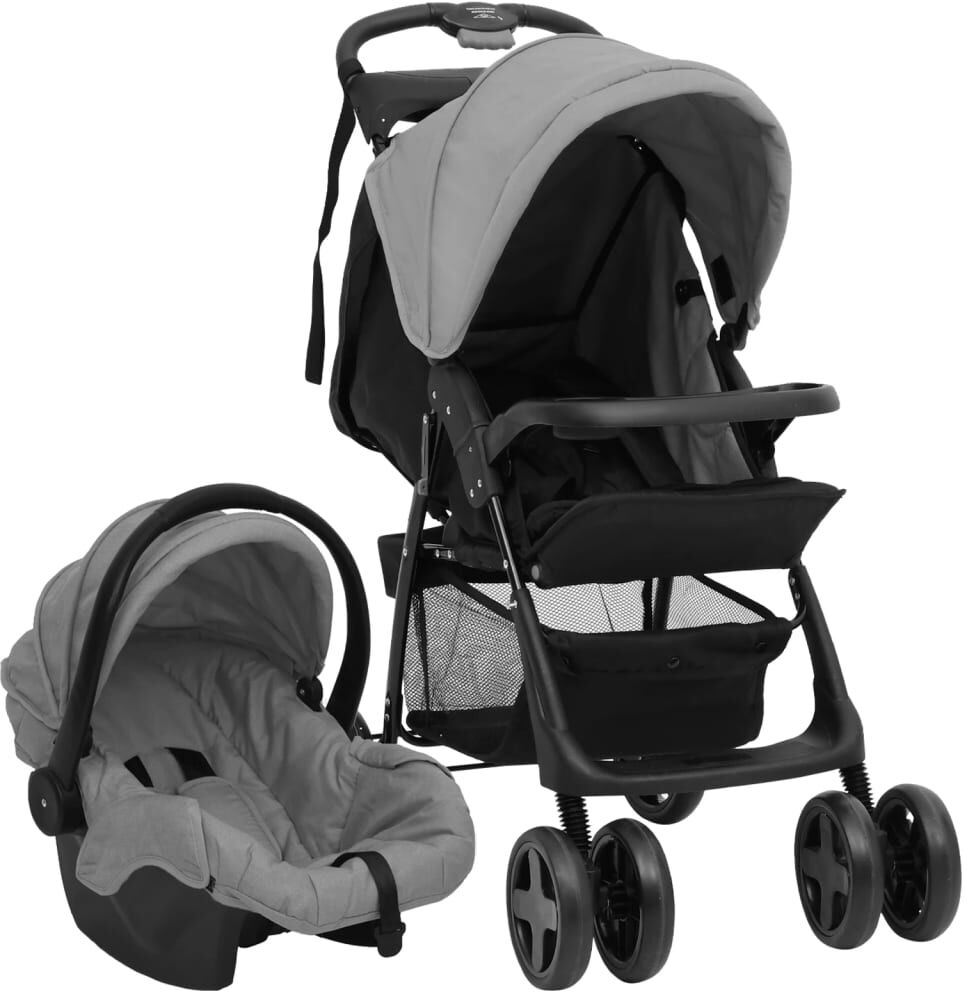 vidaXL Carrito de bebés 3 en 1 de acero gris claro y negro