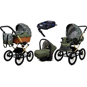 Babylux Poussette Bébé 4en1 Avec Siège Auto Pour Tout-Petits – Poussette Bébé Pour Nouveau-Né Et Tout-Petit –– Landau Bébé Nouveau-Né – Base de ISOFIX – Max 15 Kg – Olive Star Gold Frame - Publicité