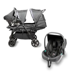 Bambisol Poussette Double 2-en-1 pour Jumeaux dès la Naissance   Cosy Siège Auto Gr0+ i-Size Inclus, Pliable avec Habillage Pluie et Grand Panier   Noir et Gris Chiné - Publicité