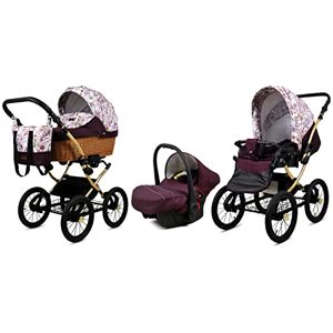 Babylux Poussette Bébé 3en1 Avec Siège Auto Pour Tout-Petits – Poussette Bébé Pour Nouveau-Né Et Tout-Petit –– Landau Bébé Nouveau-Né – 59x105x125cm – Max 15kg – Maroon Flowers Gold Frame - Publicité