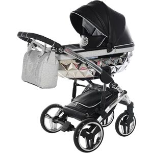 Junama Original  Diamond Hand Craft Glitter Systèmes modulaires Poussette combinée 2 en 1 3 en 1 + accessoires originaux Exclusive Prams (4 en 1 + base ISOFIX, 03 noir argent) - Publicité