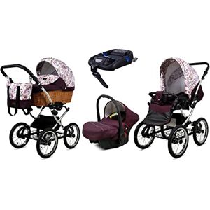 Babylux Poussette Bébé 4en1 Avec Siège Auto Pour Tout-Petits – Poussette Bébé Pour Nouveau-Né Et Tout-Petit –– Landau Bébé Nouveau-Né – Base de ISOFIX – Max 15kg – Maroon Flowers Silver Frame - Publicité