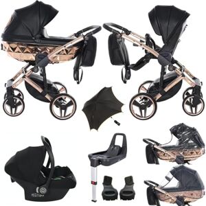 Junama Original  Diamond Hand Craft Systèmes modulaires Poussette combinée 2 en 1 3 en 1 + accessoires originaux Exclusive Prams (4 en 1 (avec base ISOFIX), 06 black/copper) - Publicité