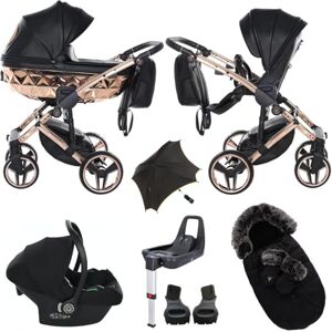 Junama Original  Diamond Hand Craft Systèmes modulaires Poussette combinée 2 en 1 3 en 1 + sacs de bébé + gants + parapluie + accessoires exclusifs Prams (4 en 1 (avec base ISOFIX), 06 black copper) - Publicité