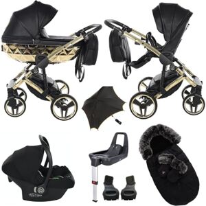 Junama Original  Diamond Hand Craft Systèmes modulaires Poussette combinée 2 en 1 3 en 1 + sacs de bébé + gants + parapluie + accessoires exclusifs Prams (4 en 1 (avec base ISOFIX), 05 black gold) - Publicité