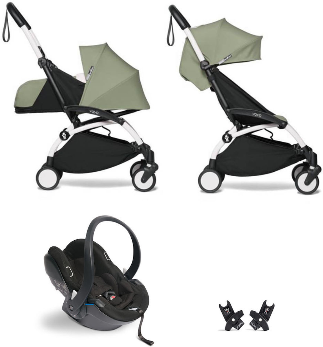 Babyzen Trio Passeggino Yoyo² 6+ con Kit 0+ Navicella e Seggiolino auto Yoyo con Adattatori Bianco - Olive