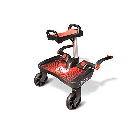 Lascal Buggy Board Maxi+, rood Buggy Board met rood Zadel en Sta ruimte voor Kinderwagen en Wandelwagens, Kinderwagen accessoire voor kinderen van 2-6 jaar (22 kg),