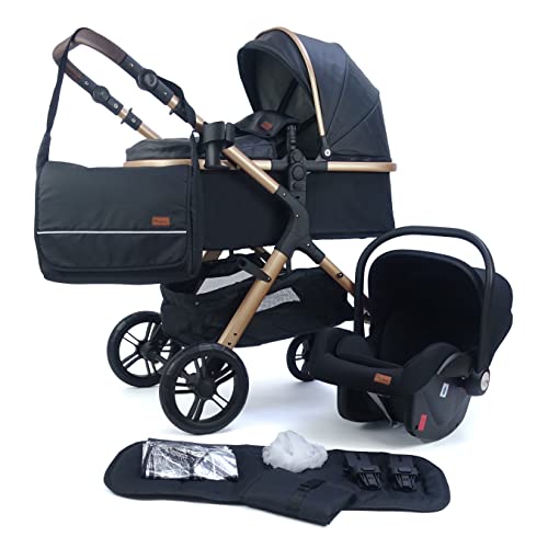 Pixini kinderwagen Nelio 3in1 (incl. autostoeltje, regenhoes, luiertas,...) (goud/kunstleer zwart)