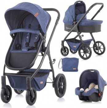 Chipolino Carrito de Bebé Tres Piezas Capazo Duro Con Bolso Avia Blue Linen