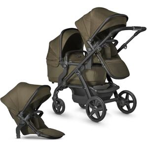 Silver Cross - Wave Sibling Pushchair Bundle - 2 in 1 Pram with 1 x Carrycots & 2 x Pushchair Seats - Narrow Double Buggy - Car Seat Compatible - Newborn to 4 Years (22kg) - Cedar