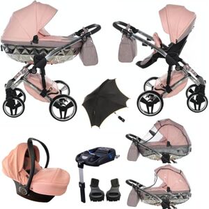 Junama Diamond Hand Craft Glitter V3 2in1 3in1 4in1 Baby Pram Pushchair Car Seat ISOFIX + Umbrella Exclusive Prams (4in1, Pink-Silver 01)