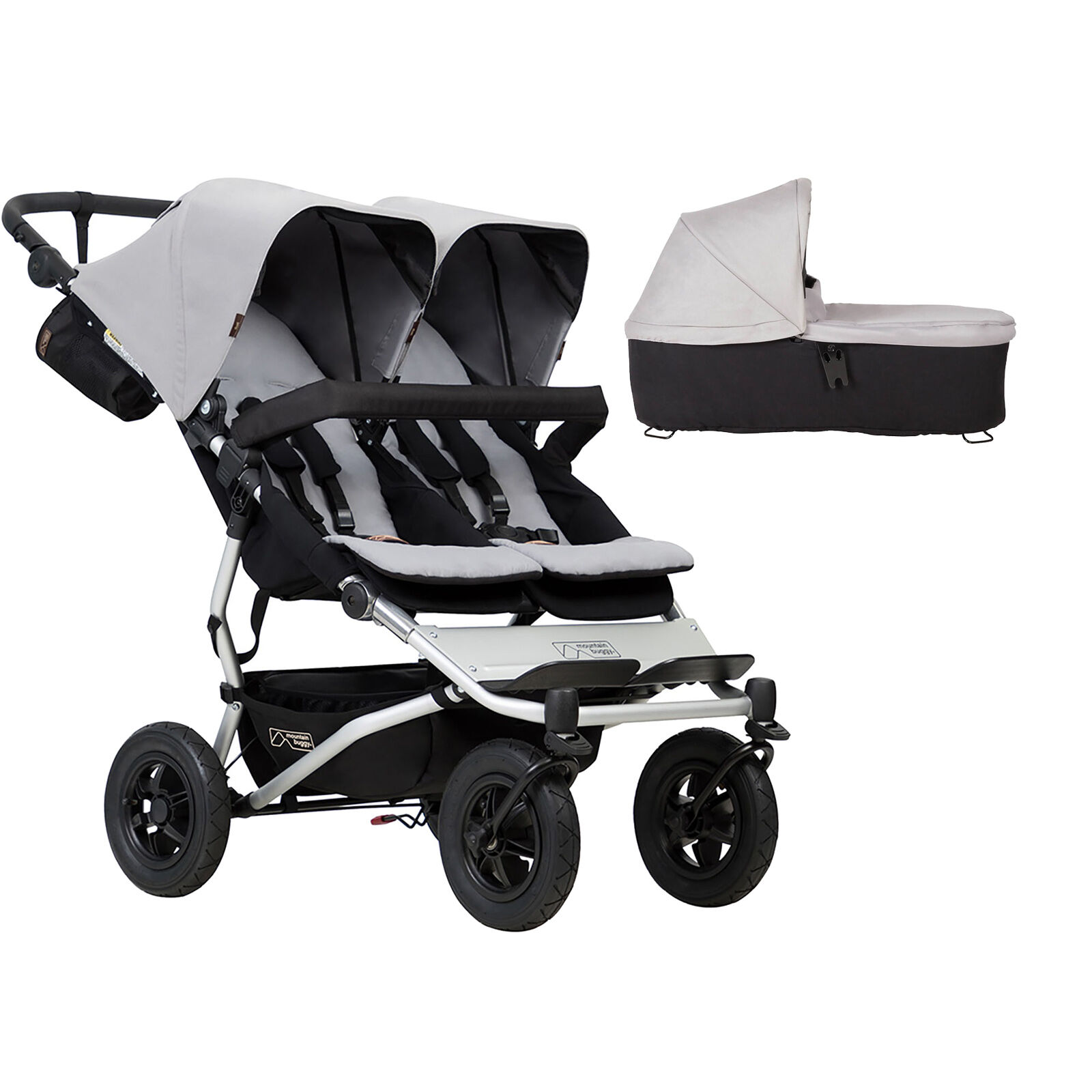 Mountain Buggy Duet V3 Twin Pushchair & Duet Plus Carrycot - Silver