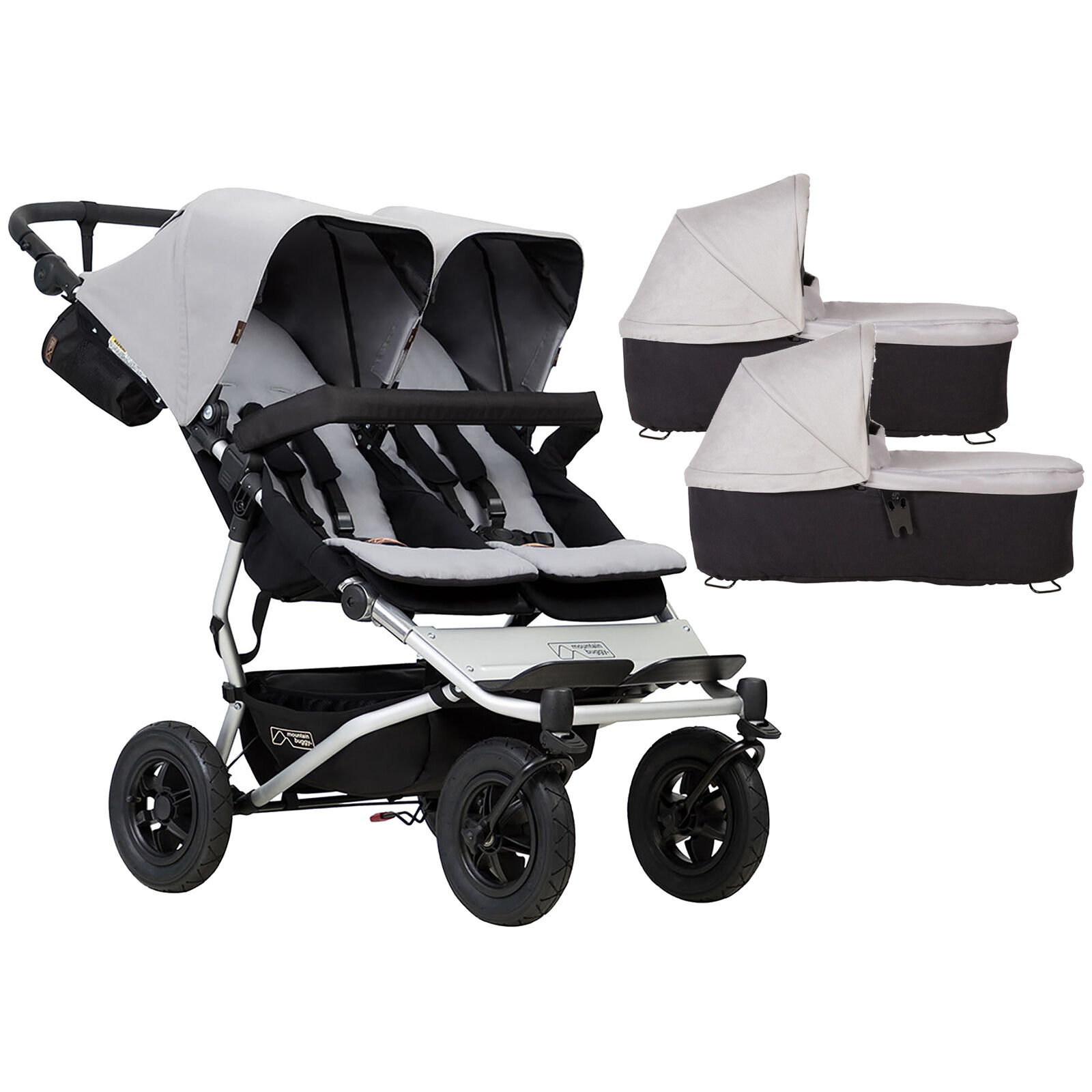 Mountain Buggy Duet V3 Twin Pushchair & 2 Carrycots - Silver