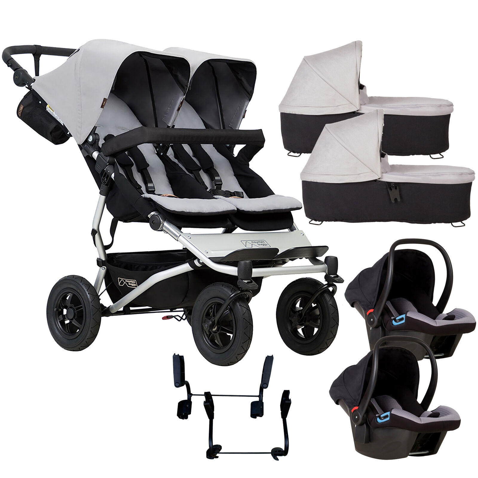 Mountain Buggy Duet V3 Double Travel System & 2 Carrycots - Silver