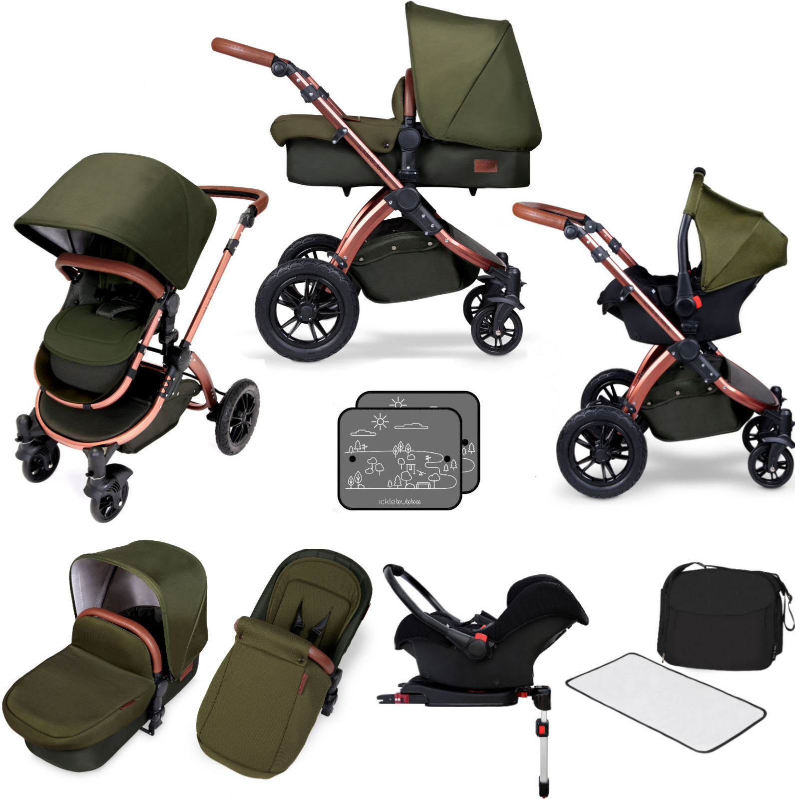 Ickle bubba Special Edition Stomp V4 All In One Travel System & Isofix Base - Woodland