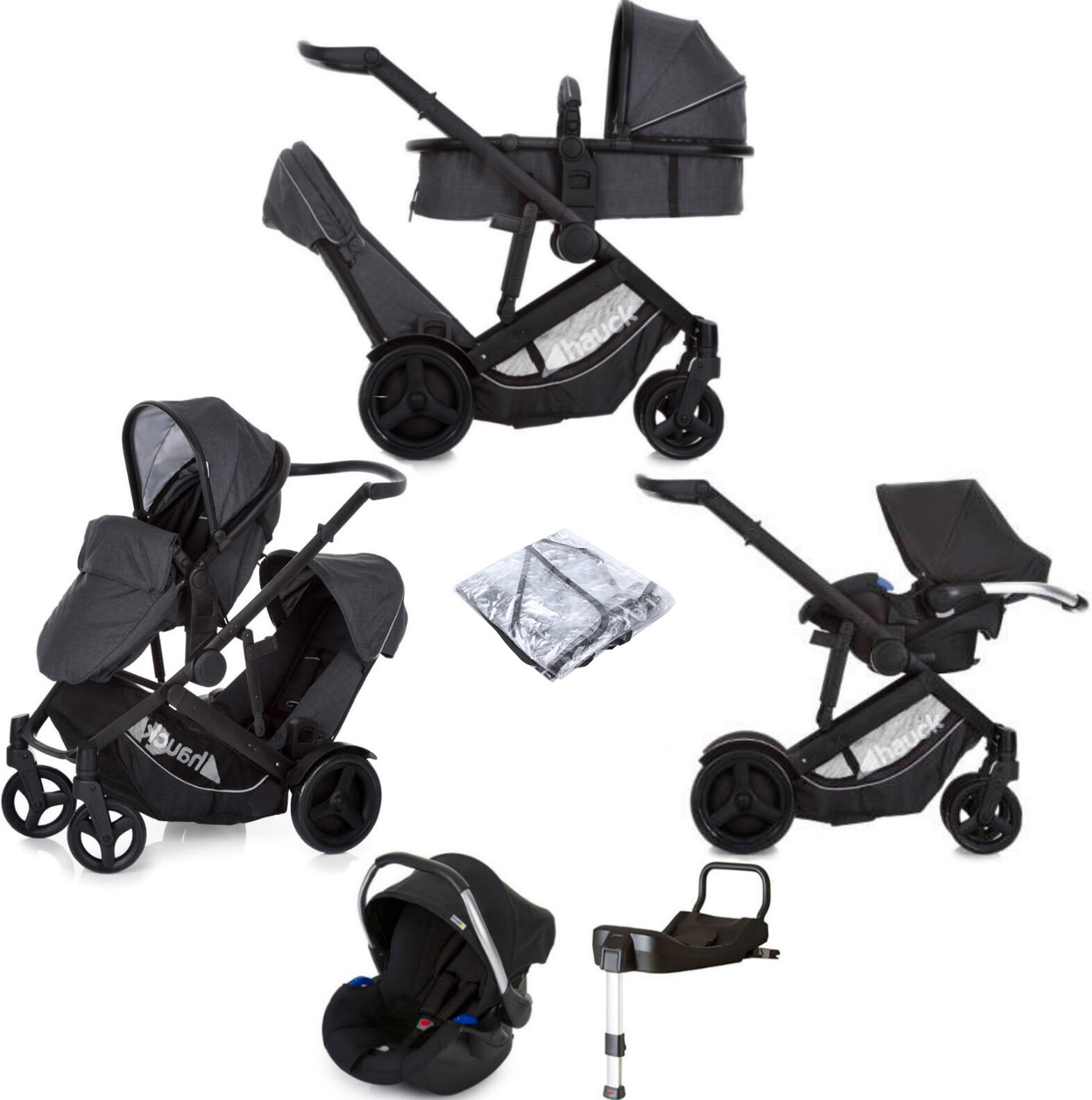 Hauck Duett 3 Tandem Travel System & ISOFIX Base - Melange Charcoal