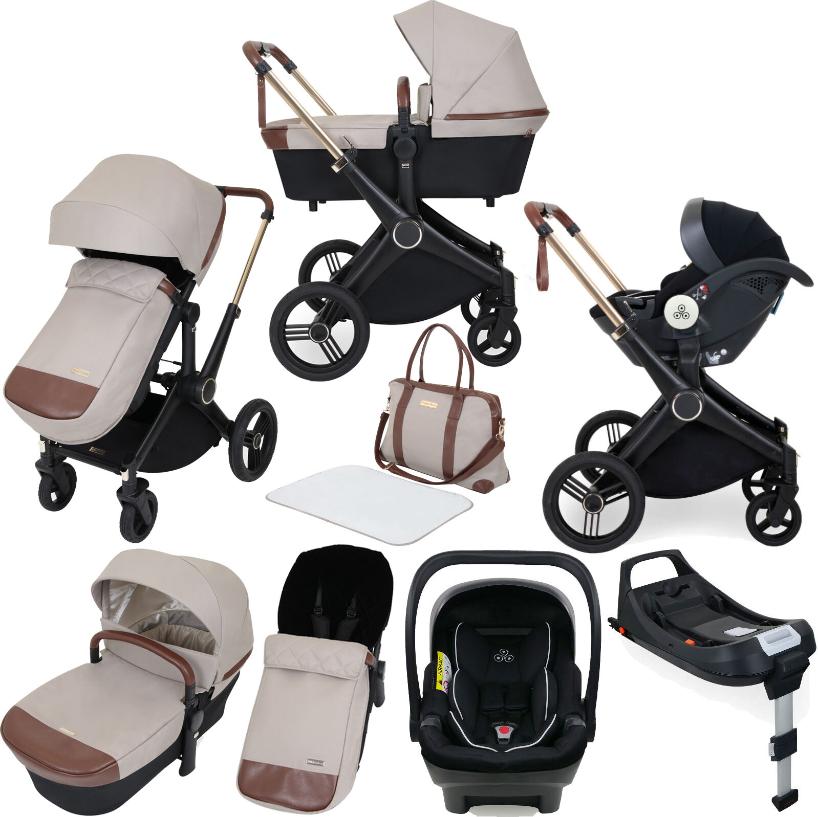 ickle bubba Aston Rose (Mercury) 10 piece Travel System Bundle with ISOFIX Base - Stone