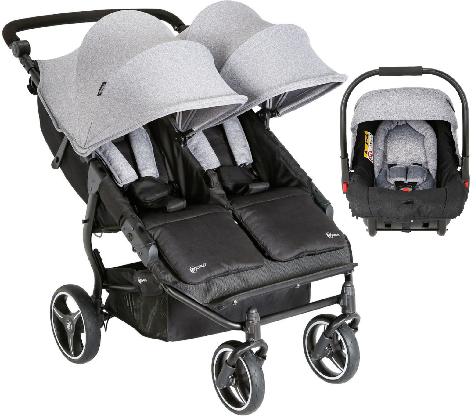 My Child Easy Twin Double Stroller Travel System (1 Car Seat) - Grey