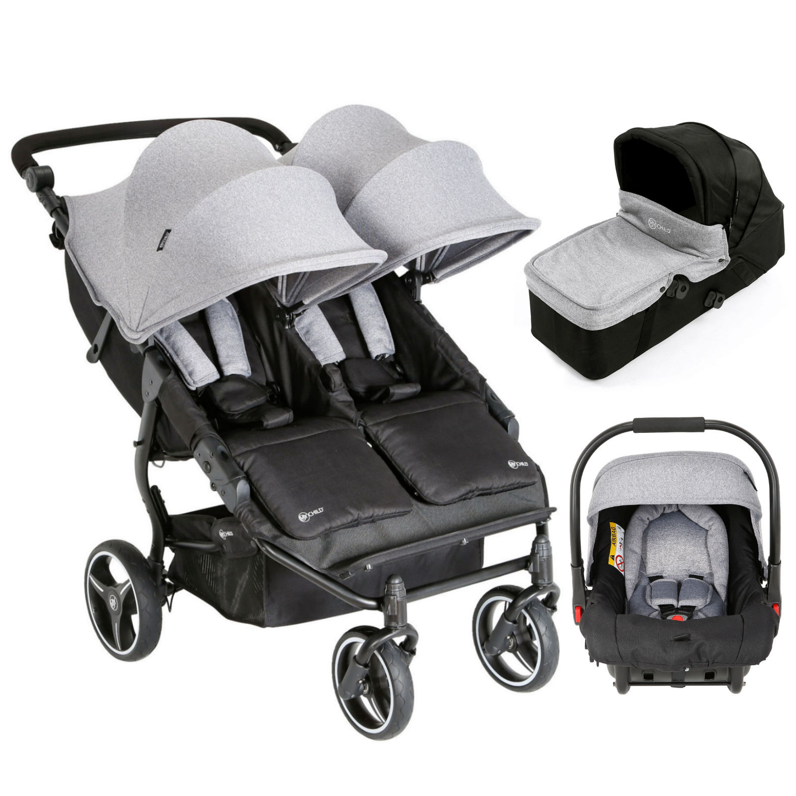 My Child Easy Twin Double Stroller Travel System & Carrycot - Grey