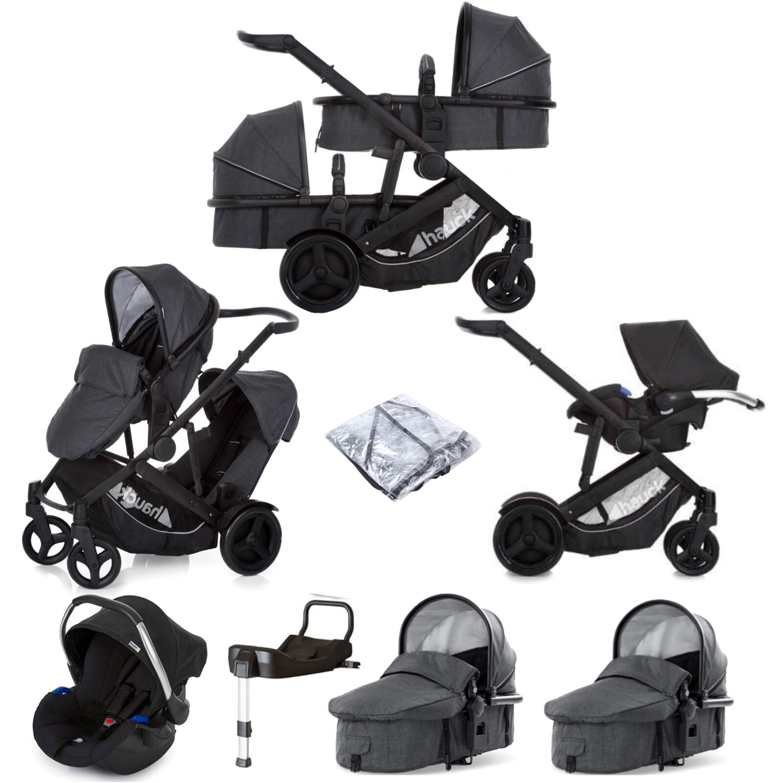 Hauck Duett 3 Tandem (Comfort Fix) Travel System With 2 Carrycots + ISOFIX Base - Melange Charcoal