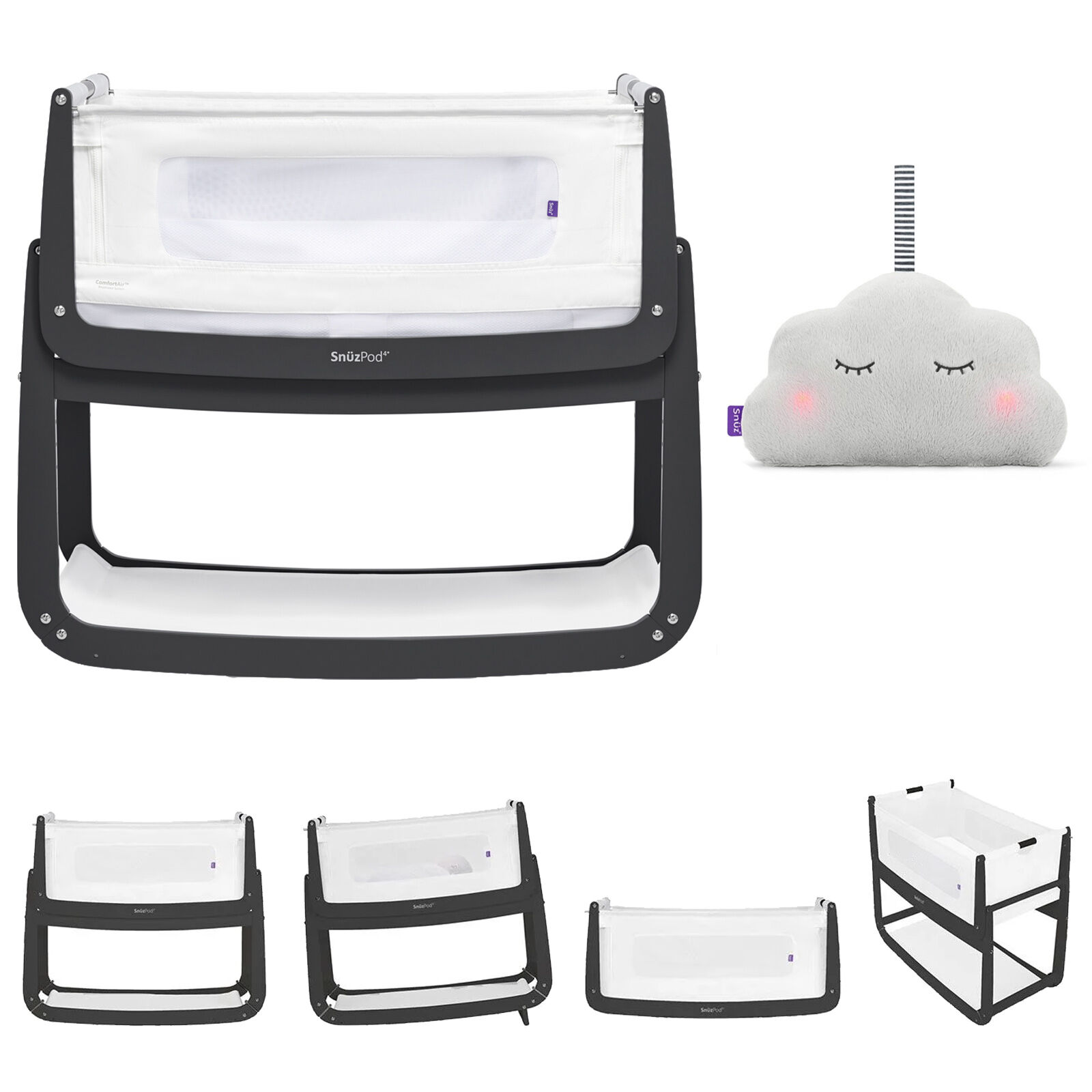 Snuz SnuzPod4 Bedside Crib 3 in 1 & Mattress With Free Snuzcloud Sleep Aid - Slate