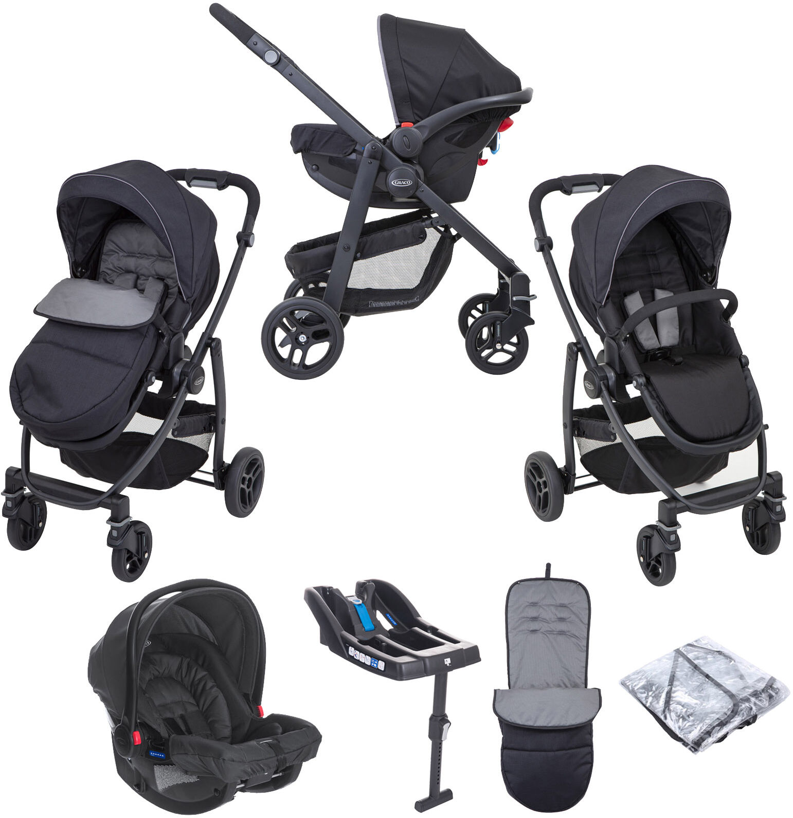 Graco Evo (SnugRide Car Seat) Travel System & Belted Safety Base - Black / Grey