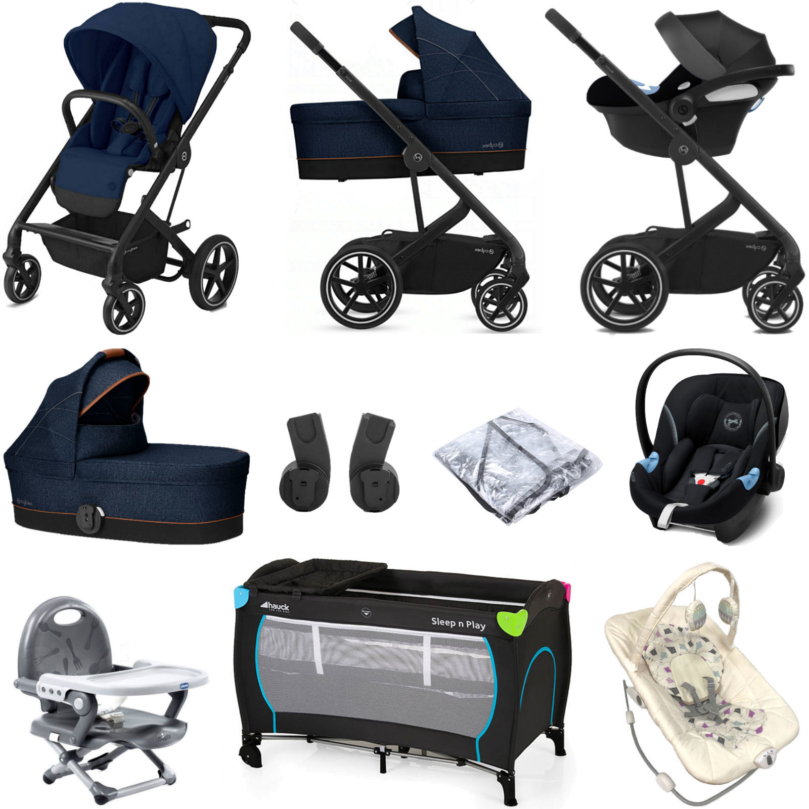 Cybex Balios S Lux (Aton M i-Size) Everything You Need Travel System Bundle with Carrycot - Navy Blue
