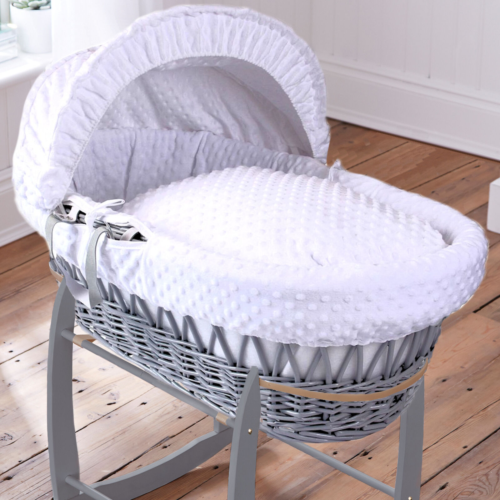 Clair De Lune Deluxe Padded Grey Wicker Baby Moses Basket - White Dimple