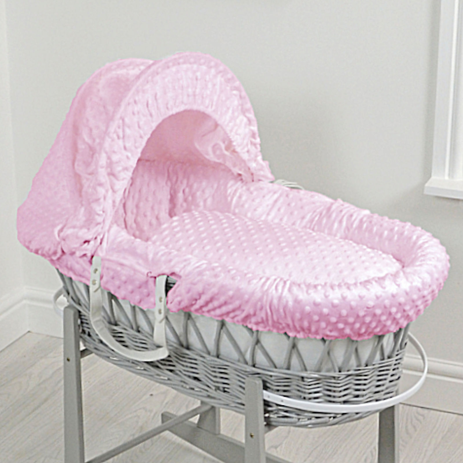 4 baby 4baby Deluxe Padded Grey Wicker Moses Basket - Pink Dimple