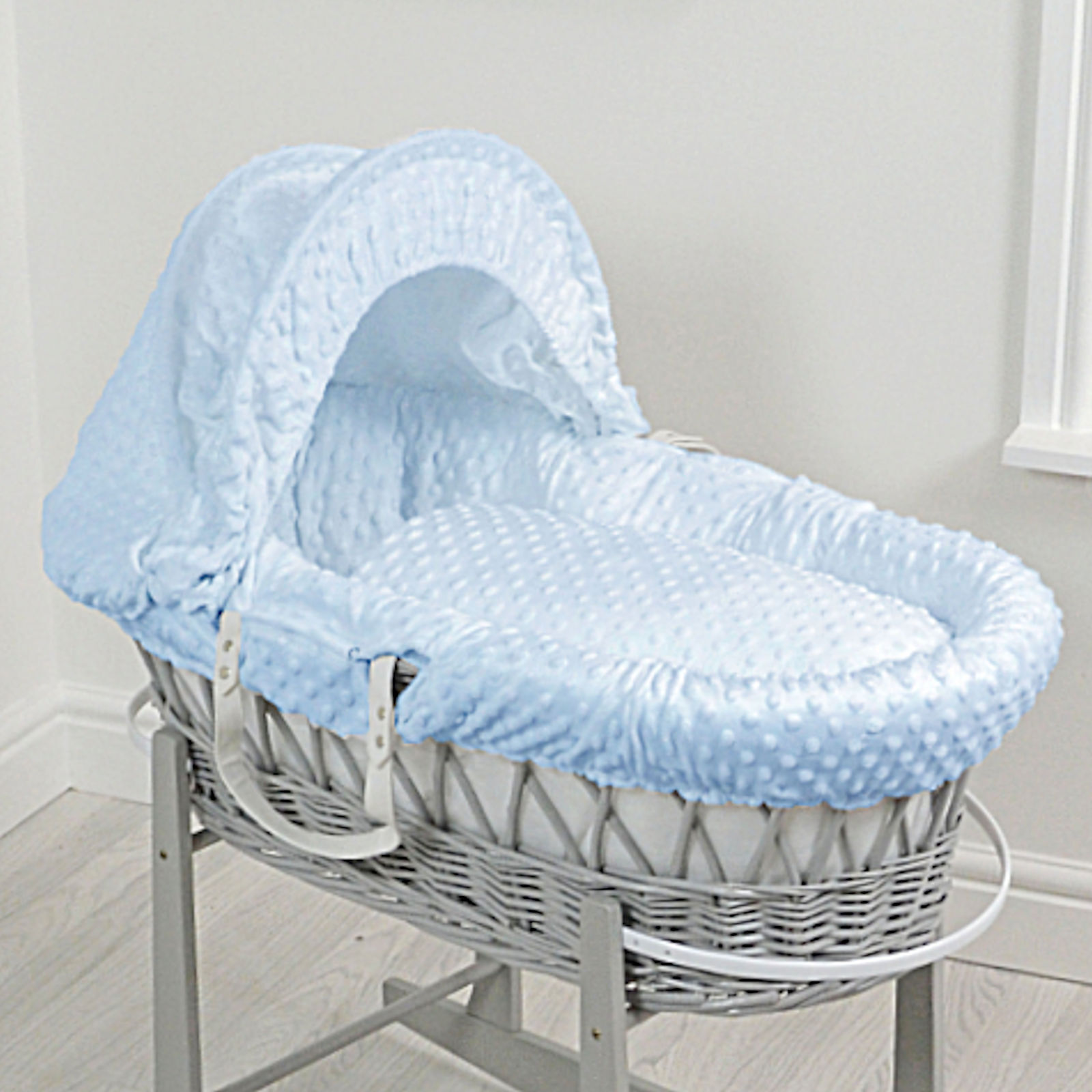 4 baby 4baby Deluxe Padded Grey Wicker Moses Basket - Blue Dimple