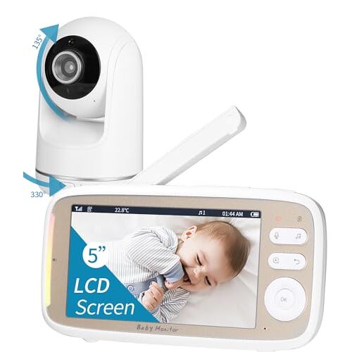 Zawaer babyfoon, babyfoon met camera 5'' 720P HD, video babyfoon camera en audio babyfoon met Vox functie, PTZ 330°/135°, 3×zoom, 2,4 GHz intercomfunctie, nachtzicht, temperatuurbewaking