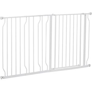 PawHut Dog Gate Wide Stair Gate w/ Door Pressure Fit Pets Barrier for Doorway, Hallway, 76H x 75-145W cm - White