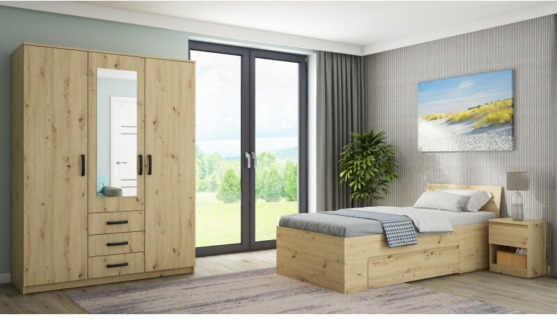 Linea deco Chambre à coucher complète avec armoire papier décor bois 90x200 CELIAN - Linea deco