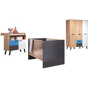 trendteam Babymöbel-Set »Mats«, (Set, 3 St., Bett, Wickelkommode, Schrank) Bianco Buche NB, Weiss/Graphit/Blau