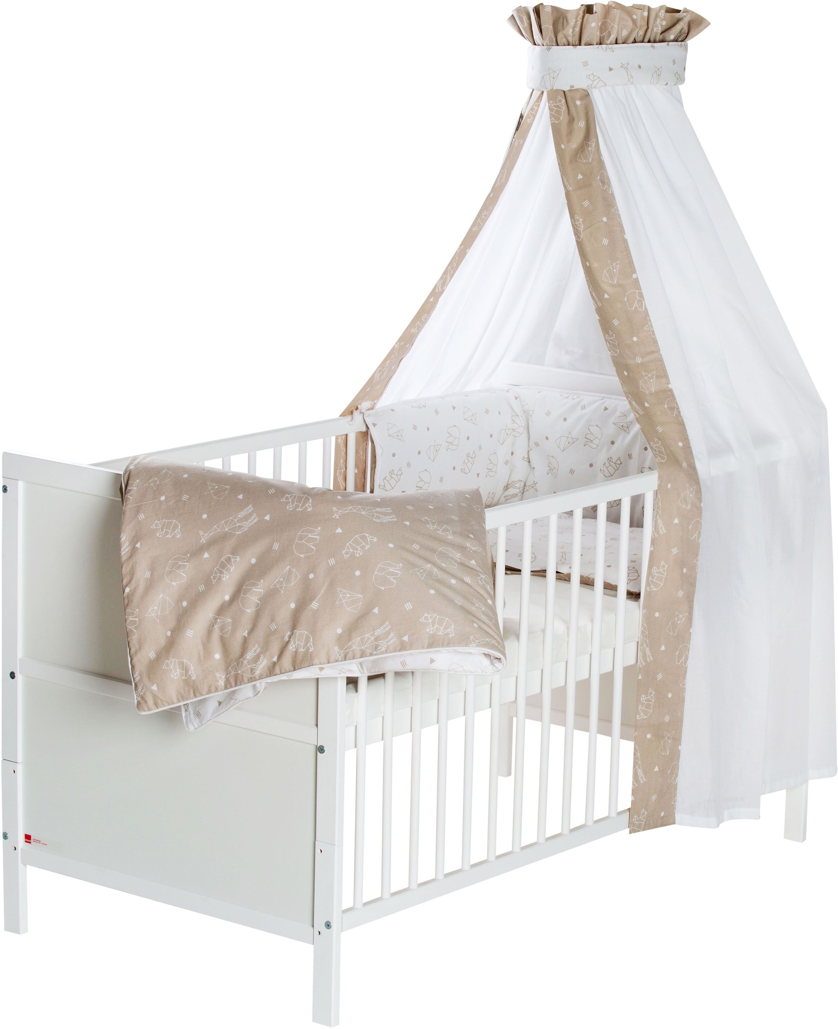 Schardt Babybett »Lenny, Origami Beige«, mit Bettwäsche, Nestchen, Himmel,... weiss